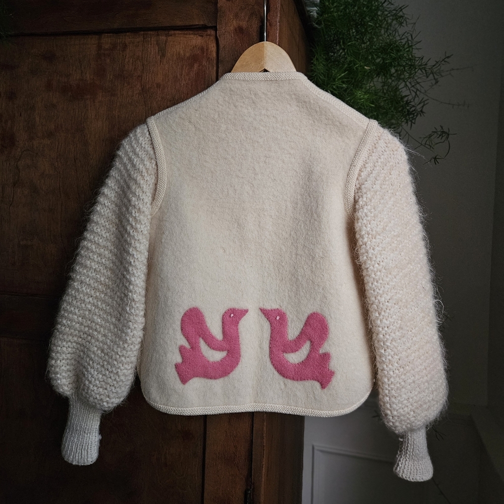 Wool Folk-Art Jacket with Pink Appliqué Birds & Flowers – Fully Lined | Girls